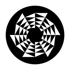 Star with circular triangle pattern in a black circle. White triangles forming a circular saw blade shape, appearing to move counterclockwise. Modeled on a crop circle pattern found at Barbury Castle.