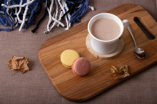 Autumn mood background with cup of cocoa, plaid on sofa. Hot drink in autumn concept