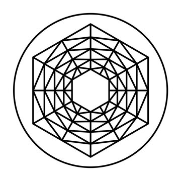 Grid pattern with symmetrical hexagonal shape, in a circle. Five hexagons, placed inside each other, connected with grid lines. Modeled on a crop circle pattern, found at Barbury Castle. Illustration.