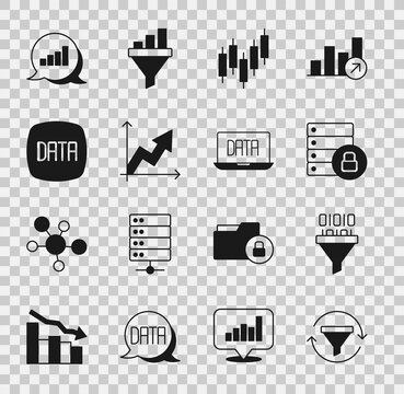 Set Sales funnel with chart, Binary code, Server security padlock, Browser stocks market, Financial growth, Data analysis, Pie infographic and icon. Vector