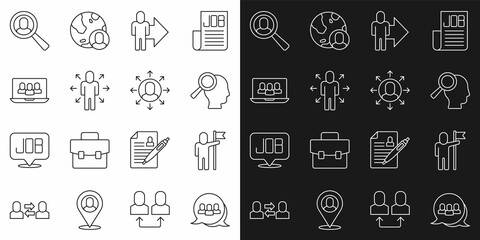 Set line Project team base, Man holding flag, Magnifying glass for search job, Leader of of executives, Multitasking manager working, and icon. Vector