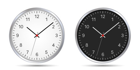 A set of black and white circular watches with a second hand and a metal bezel. Dial with numbers, hands and red center, vector