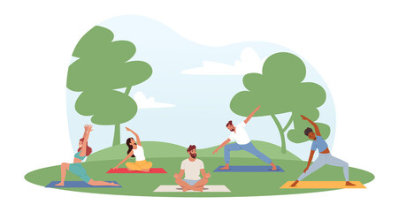 People Doing Exercises in Park. Male and Female Characters Outdoor Yoga Activity. Fitness, Workout in Different Poses