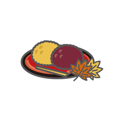 お皿に盛り付けたおはぎと紅葉