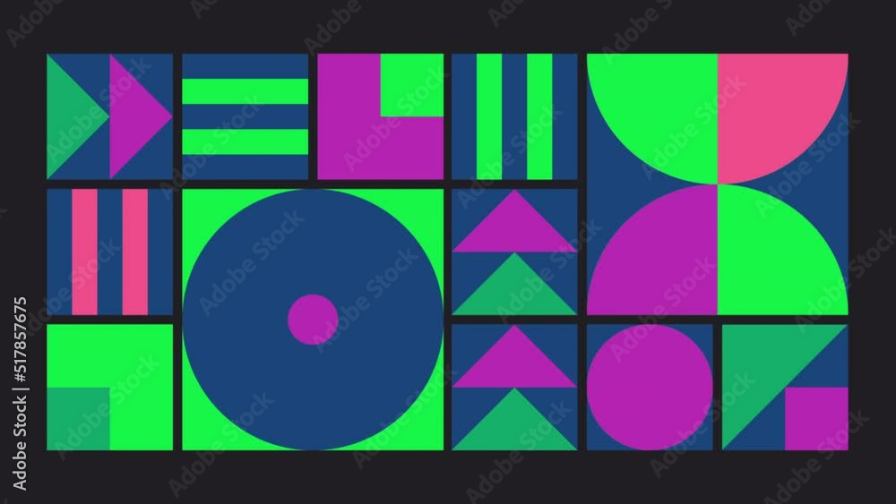 Poster geometric pattern loop. circles, squares animation. modernist abstract seamless background. bauhaus 