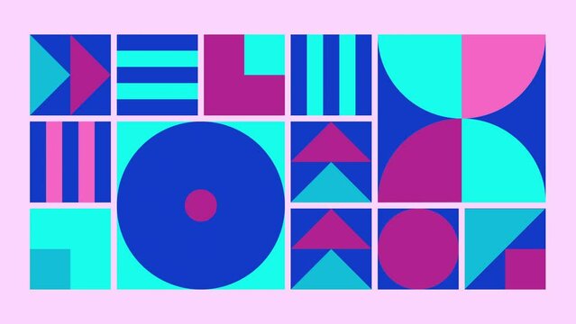 Geometric pattern loop. Circles, squares animation. Modernist abstract seamless background. Bauhaus Design style.
