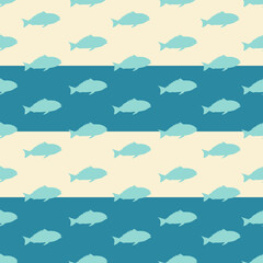 Fish seamless pattern isolated on blue background.Repetition pattern with fishes.Marine print.Backdrop for textile, clothes, wrapping paper, label,package with sea or ocean animals.Vector illustration