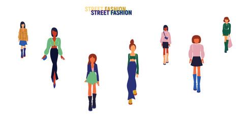 Fototapeta premium Collection of stylish young women dressed in trendy clothes. Vector fashion illustration.