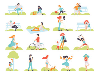 People Characters Walking in Park Sitting on Bench, Feeding Pigeons, Playing with Squirrel and Doing Sport Vector Set