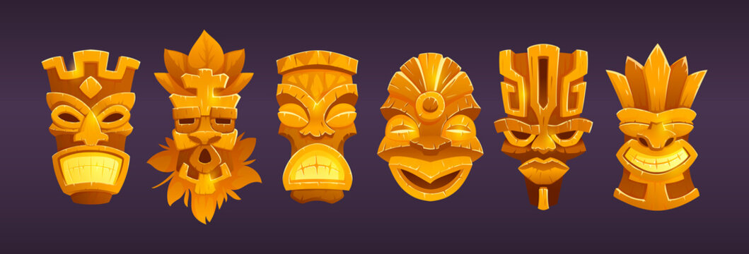 Gold tiki masks, hawaiian tribal totem with god faces. Vector cartoon set of ancient polynesian statues, golden traditional tikki masks isolated on background