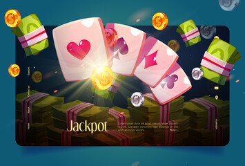 Casino banner with poker cards and money illustration. Vector landing page of online gambling, jackpot, bet win with cartoon aces, gold and silver coins, wads of cash
