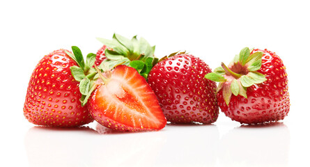 strawberries isolated on white background, red berries whole and sliced in details, concept of fresh fruits and healthy food, macro photo