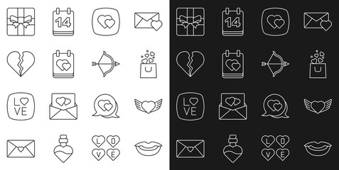 Set line Smiling lips, Heart with wings, Shopping bag heart, Calendar, Broken or divorce, Gift box and Bow and arrow icon. Vector