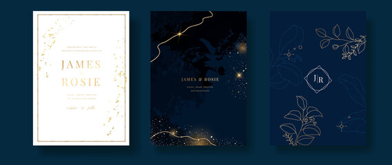 Navy Blue Luxury Wedding Invitation, floral invite thank you, rsvp modern card Design in gold flower with  leaf greenery  branches decorative Vector elegant rustic template - 517859647