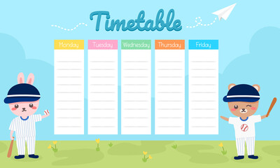 School timetable, weekly classes schedule with cute rabbit in baseball theme.