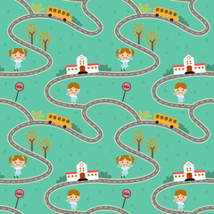 Seamless pattern road to school on green background.