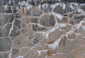 Abstract Pattern of White Salts and Crystals on Old Concrete Wall