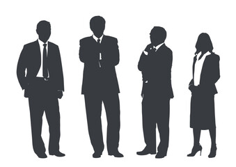 Business people group gray silhouettes pose on white background, flat line vector and illustration.
