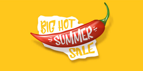 Big Hot summer sale horizontal banner with red chili cayenne pepper isolated on orange background. Vector 3d horizontal summer hot sale poster, flyer, banner, tag and background