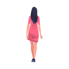 Woman Character with Long Hair in Dress Standing Back View Vector Illustration