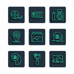 Set line Photo camera, Action extreme, retouching, frame, Camera shutter, Film reel and icon. Vector