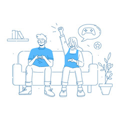 Young Couple Sitting on Sofa Playing Computer Games on Gaming Console