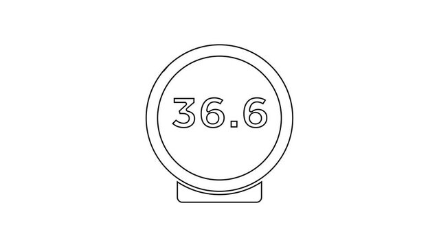 Black line Medical thermometer showing normal temperature icon isolated on white background. 4K Video motion graphic animation