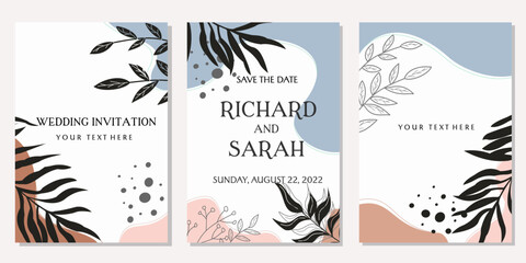 Fototapeta na wymiar pastel color wedding invitation design set. aesthetic background with hand drawn floral elements. flat design