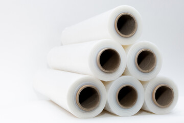 Transparent stretch film in rolls on a white background