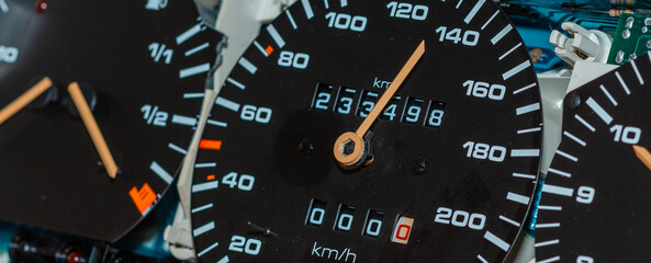Fototapeta premium Old car speedometer,odometer. Speed indicator background.Roration engine speed arrow.Banner.
