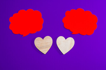 Red clouds for Valentine's day concept.Communication between two hearts. Place for your text.Purple,veri peri background. Copy space.