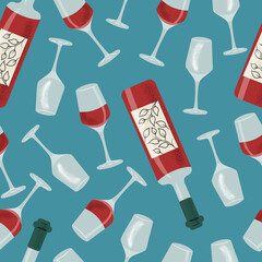 Hand drawn vector seamless pattern with wine bottles and wineglasses