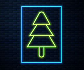 Glowing neon line Tree icon isolated on brick wall background. Forest symbol. Vector