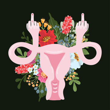 Mind your own uterus. Uterus showing the rude finger. Women rights Women Equality 1973 and choice campaign. Pro choice abortion flyer. Vector isolated illustration.