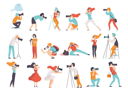 Professional People Photographer with Camera in Different Pose Taking Photo Shots Vector Set