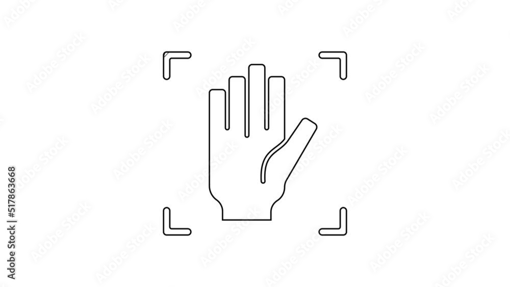 Poster black line palm print recognition icon isolated on white background. biometric hand scan. fingerprin