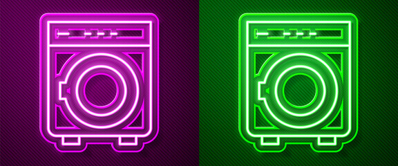 Glowing neon line Washer icon isolated on purple and green background. Washing machine icon. Clothes washer - laundry machine. Home appliance symbol. Vector