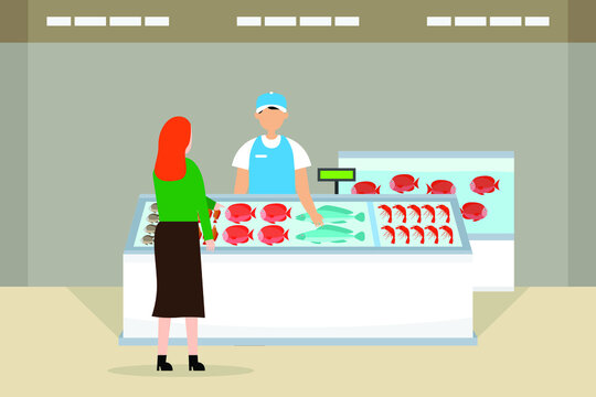 Woman choosing and purchasing fish from the market