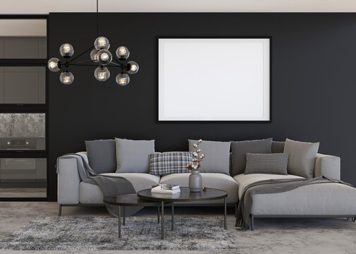 Empty horizontal picture frame on black wall in modern living room. Mock up interior in contemporary, loft style. Free, copy space for your picture, poster. Sofa, carpet, lamp. 3D rendering.