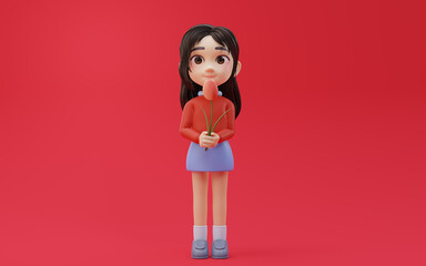 Little girl holding flower in her hand with cartoon style, 3d rendering.
