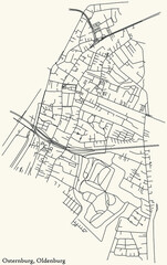 Detailed navigation black lines urban street roads map of the OSTERNBURG DISTRICT of the German regional capital city of Oldenburg, Germany on vintage beige background