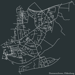 Detailed negative navigation white lines urban street roads map of the DONNERSCHWEE DISTRICT of the German regional capital city of Oldenburg, Germany on dark gray background