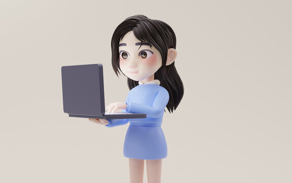Little girl working with laptop with cartoon style, 3d rendering.