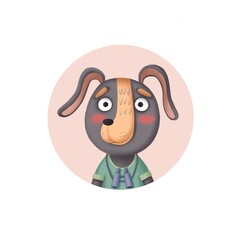 Cute round icon with cartoon dog and binoculars