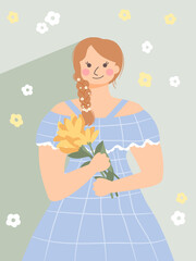 Cute girl stand and hold a bouquet.