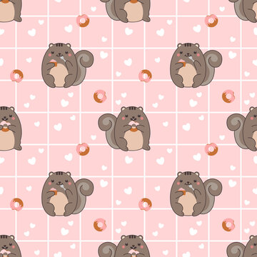 Seamless pattern chuby squirrel eat donut and cupcake