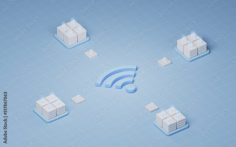Poster wireless network technology with wifi sign, 3d rendering.