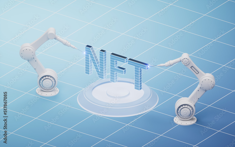 Poster mechanical arm with nft concept, 3d rendering.