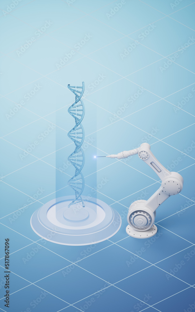 Poster mechanical arm with biomedical concept, 3d rendering.