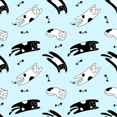 Seamless pattern lazy cat lay on blue background.